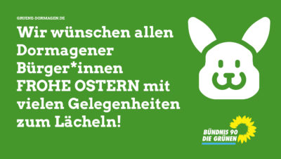 Grüner Hintergrund mit Häschenkopf, danaben Text: Wir wünschen allen Dormagener Bürger*innen frohe Ostern mit vielen Gelegenheiten zum Lächeln!