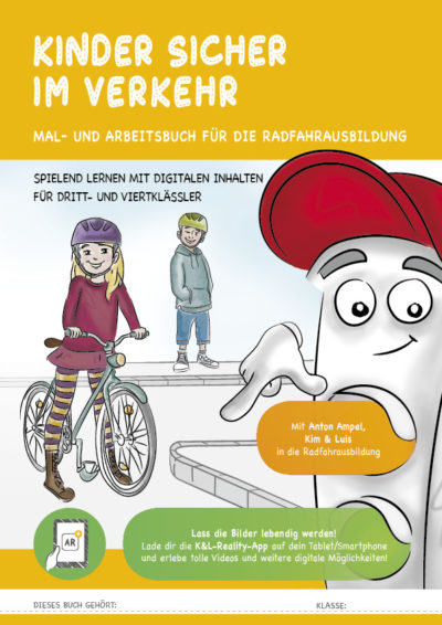 Cover der Broschüre für die Radfahrausbildung für Kinder, man sieht: zwei Kinder und Anton Ampel