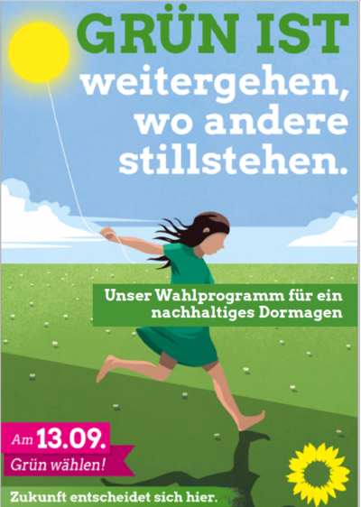 Deckblatt des Wahlprogramms, Schriftzug: Grün ist weitergehen, wo andere stillstehen.