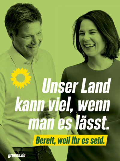 Wahlplakat, Hintergrund Annalena und Robert, Text: Unser land kann viel, wenn man es lässt