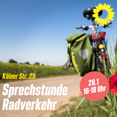 Hintergund: Fahrrad auf Feld, Titel: Sprechstunde Radverkehr, 28.1.22, 16 - 18 Uhr, Kökner Straße 25