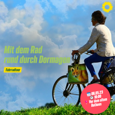 Sharepic mit dem Text "Mit dem Rad rund durch Dormagen", im Hintergrund eine Radfahrerin
